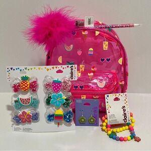 Claire’s bundle with backpack, 3 bracelets, 6 hair clips, pen and earrings